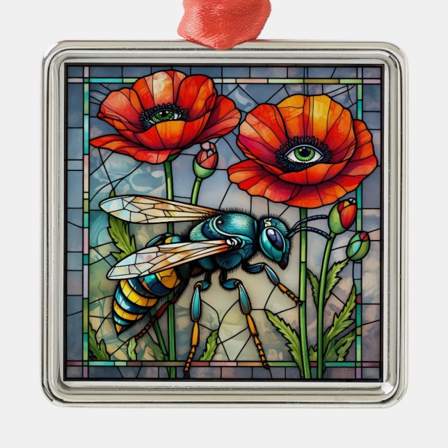Adorno Metálico Wasp hornet bee stained glass vibrant poppy flower (Frente)