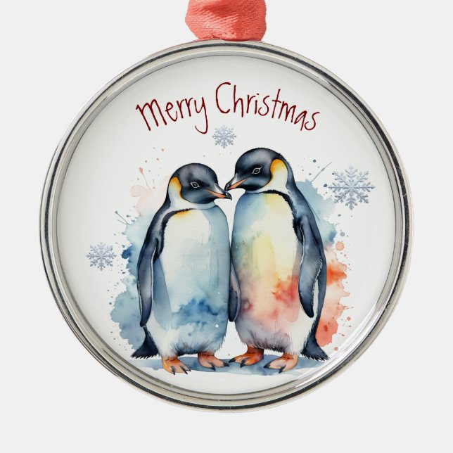 Adorno Metálico Watercolor Pingüino Pareja Invierno Arte Animal (Frente)