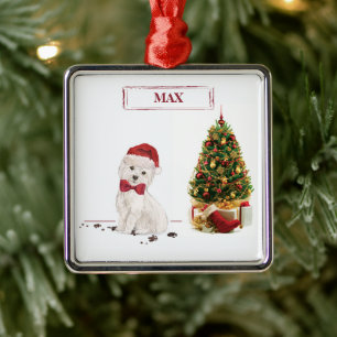 Adorno Metálico Westie Divertido Perro de Navidad con Árbol