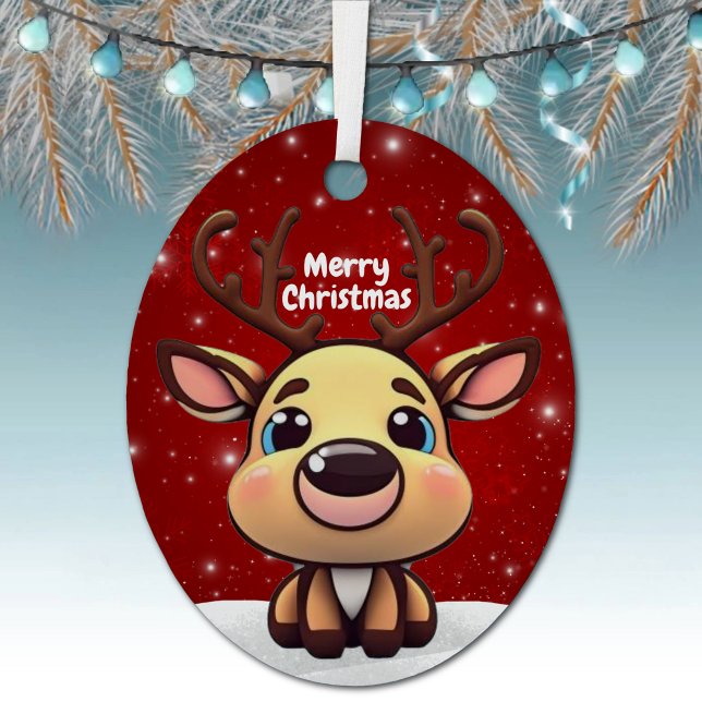 Adorno Metálico Whimsical Baby Deer Snowy Christmas Berry Red 🎄🦌 (Customizable Whimsical Funny Reindeer Snowy Christmas Berry Red Ornament Editable Text Fun Deer 🦌🎄)