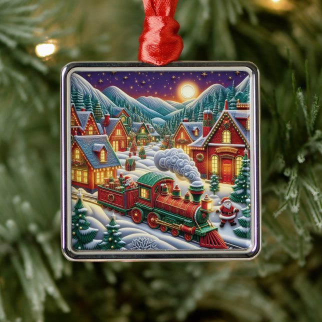 Adorno Metálico Whimsical Christmas Village Santa & Train Ornament (Árbol)