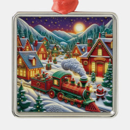 Adorno Metálico Whimsical Christmas Village Santa & Train Ornament
