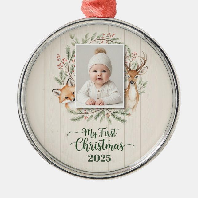 Adorno Metálico Woodland Forest Baby’s First Christmas Ornament  (Frente)