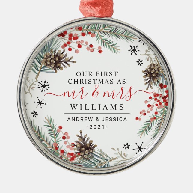 Adorno Metálico Wreath de Navidades de acuarela rusa | Sr. y la Sr (Frente)
