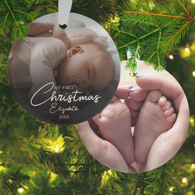 Adorno Mi primer bebé de Navidad Fotos Elegante Guión (My First Christmas Baby Photos Elegant Script Ornament)