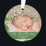 Adorno Mi primer bebé de Navidad luz verde<br><div class="desc">Mi primer bebé de Navidad,  foto,  ornamento verde con copos de nieve de vuelta.</div>