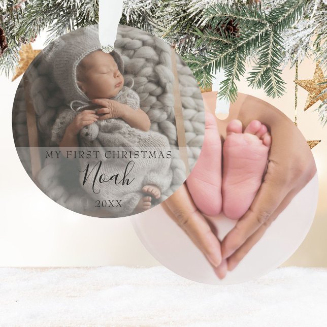Adorno Mi primer bebé navideño Fotos Nombre del guión (My First Christmas Baby Photos Script Name Ornament)