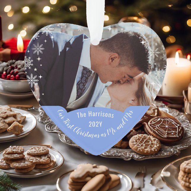 Adorno Modern Elegant First Christmas Mr Mrs Heart Photo (Our First Christmas as Mr. & Mrs. Elegant Modern Calligraphy Personalized Photo Heart Snowflakes)