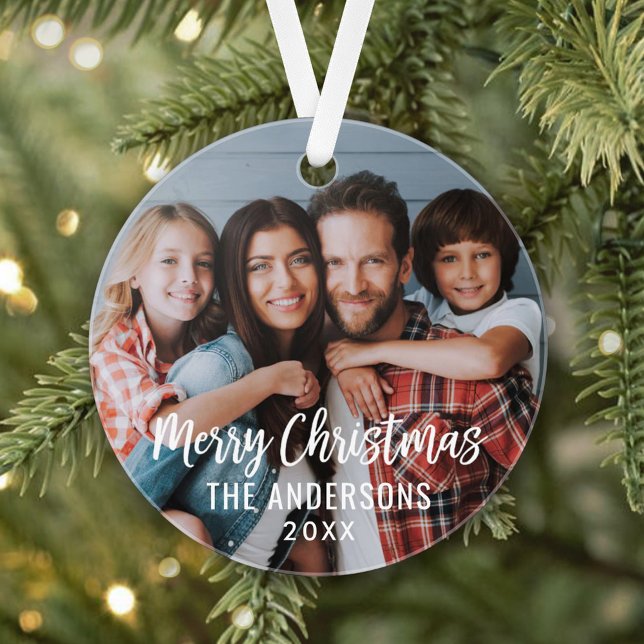 Adorno Modern Script Merry Christmas Family Photo (Subido por el creador)