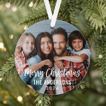 Adorno Modern Script Merry Christmas Family Photo<br><div class="desc">Stylish photo ornament design for the holidays features your favorite family image with Merry Christmas text in modern brushed script lettering. Personalize the custom text with your last name or family name and the year. A simple pattern of white winter snowflakes dresses up the back of the ornament. The slate...</div>