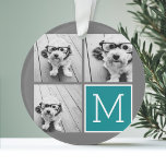 Adorno Monograma de Collage de fotos gris y Verde azulado<br><div class="desc">Utiliza 3 fotos cuadradas para crear un regalo único y personal. O puedes mantener al cachorro hipster y hacer un keepsake de moda. Si necesita ajustar las imágenes,  haga clic en la herramienta personalizar para realizar cambios.</div>