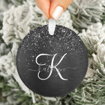 Adorno Monograma de espuma de Purpurina negro personaliza<br><div class="desc">Personalice fácilmente este elegante diseño de ornamento con un purpurina brillante negro de bonito sobre un fondo metálico negro cepillado.</div>