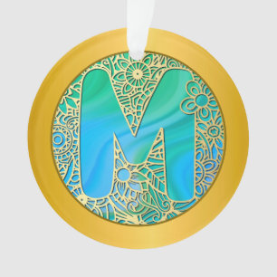 Adorno Monograma inicial M Navidad - Dorado, Turquesa & A
