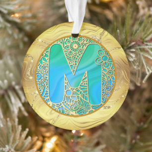 Adorno Monograma inicial M Navidad - Dorado, Turquesa & A