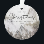 Adorno Moody Winter Watercolor Mountain Primera Navidad<br><div class="desc">Este adorno navideño presenta una escena de invierno de montaña de color acuático con un divertido tipo de letra manuscrita. Este ornamento es el regalo perfecto para la pareja recién casada o recién casada mientras celebran juntos su primera Navidad.</div>