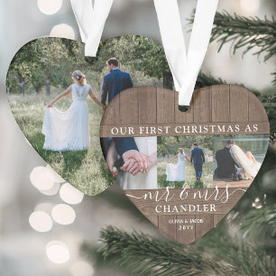 Adorno Mr & Mrs 4 Foto Primera Navidad Rustic Faux Wood