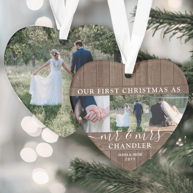 Adorno Mr & Mrs 4 Foto Primera Navidad Rustic Faux Wood (Subido por el creador)
