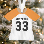 Adorno Naranja personalizado y Jersey de béisbol blanco<br><div class="desc">Celebra tu estrella de béisbol con este adorno personalizado de naranja y jersey de pinstripe blanco. Perfecto para conmemorar una temporada especial,  jugador o equipo. Personalizar con un nombre y un número para crear un keepsake único.</div>