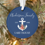 Adorno Nautical Lake House Winter Floral Naval Azul<br><div class="desc">Elegante Script Nautical Lake House Nombre Familia Ornamento Azul de la Marina. La decoración es de estilo Art Nouveau y está decorada con Watercolor Floral,  con poinsettias rojas,  pinos y otras hermosas zonas verdes invernales.</div>