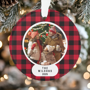 Adorno Navidad con Foto de Cuadro Escocés Búfalo Rojo y N