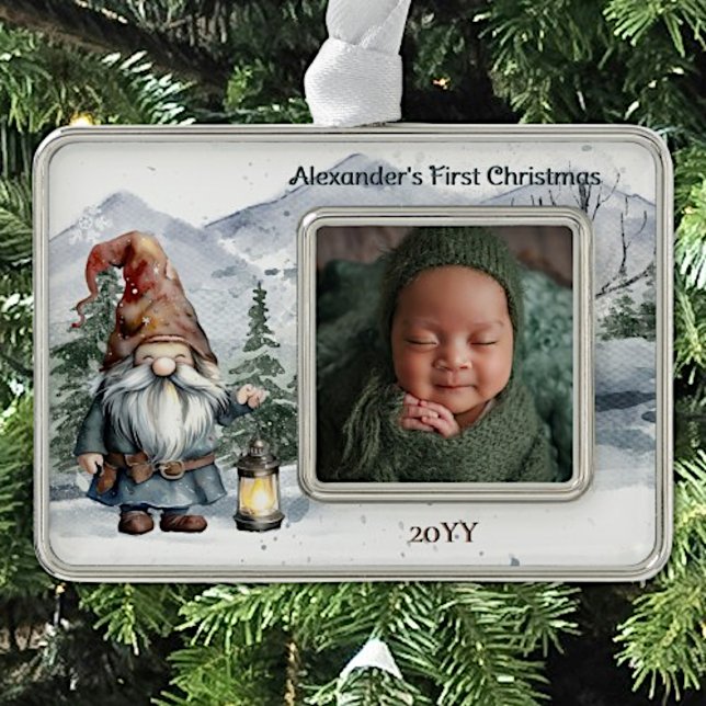 Adorno Navidades acuáticos de invierno Gnome Foto para be (Watercolor Winter Christmas Gnome Baby Photo Ornament)