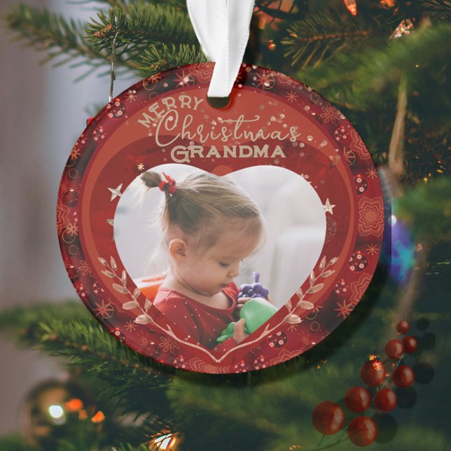 Adorno Navidades adorables foto roja de la abuela (Adorable Christmas Grandma Red Photo Ornament)