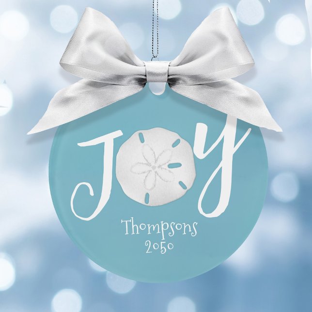 Adorno Navidades azules vacaciones joy Photo Beach Sand D (Simple Joy Typography sand dollar turquoise blue Christmas Photo Ornament. )