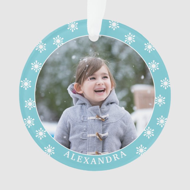 Adorno Navidades Copos de nieve Foto Nombre azul (Anverso)