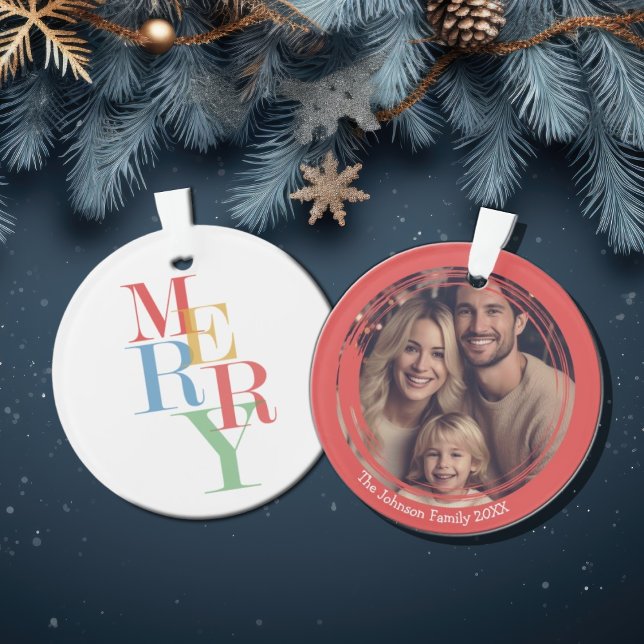 Adorno Navidades de familia moderna foto festiva (Family Merry bright christmas ornament)