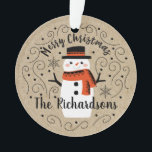 Adorno Navidades de invierno sucios Snowman<br><div class="desc">Un lindo muñeco de nieve Navidad con las palabras Feliz Navidad decora este adorno. Personalízalo con tu apellido. Un acento divertido para la temporada de Navidades. Diseñado para ti por Blackberry Boulevard.</div>