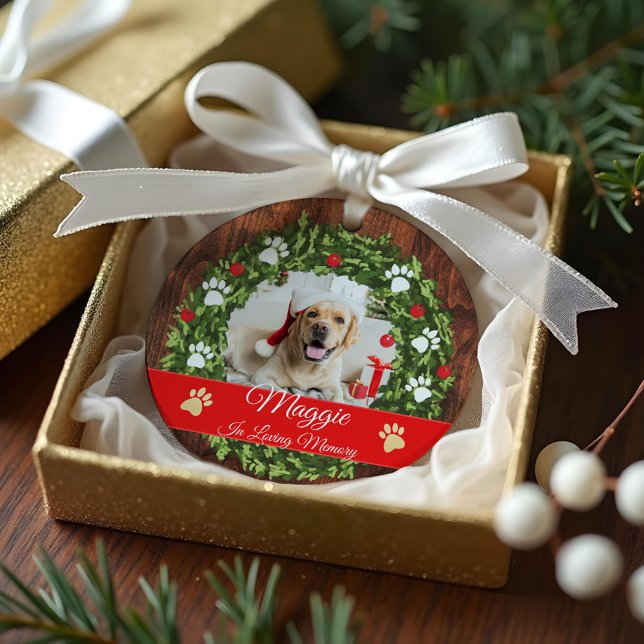 Adorno Navidades de memoria queridos Wreath Mascota Memor (Loving Memory Christmas Wreath Pet Memorial Photo Ornament)