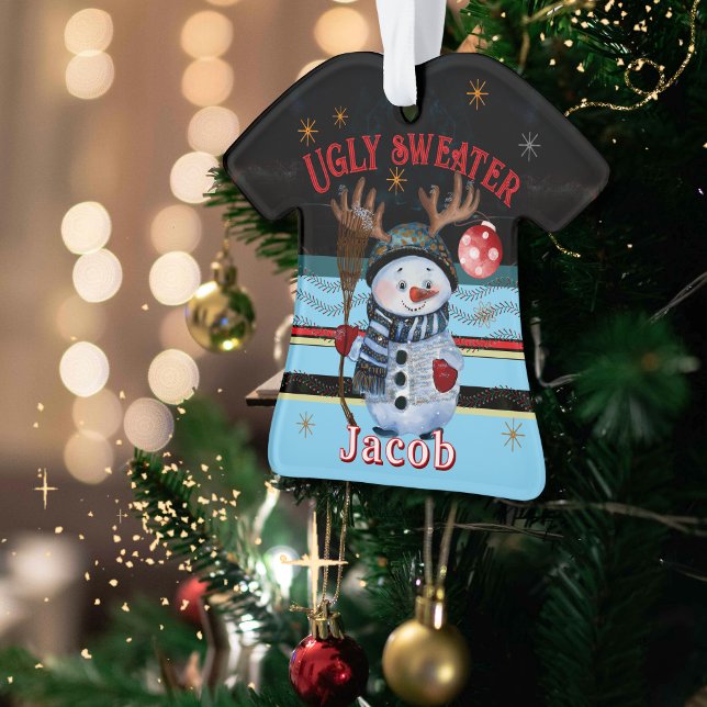 Adorno Navidades de muñeco de nieve enmarañados y persona (Custom Ugly Sweater- Antlered Snowman Christmas Ornament)