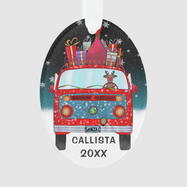 Adorno Navidades de nieve de perro de reno de Santa Van r (Anverso)