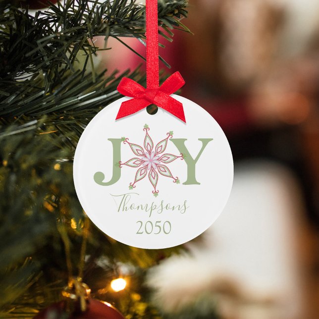 Adorno Navidades Fotografía verde rojo Joy Typografía (Christmas holiday Joy typography with a colorful pink, red, and green whimsical snowflake. )