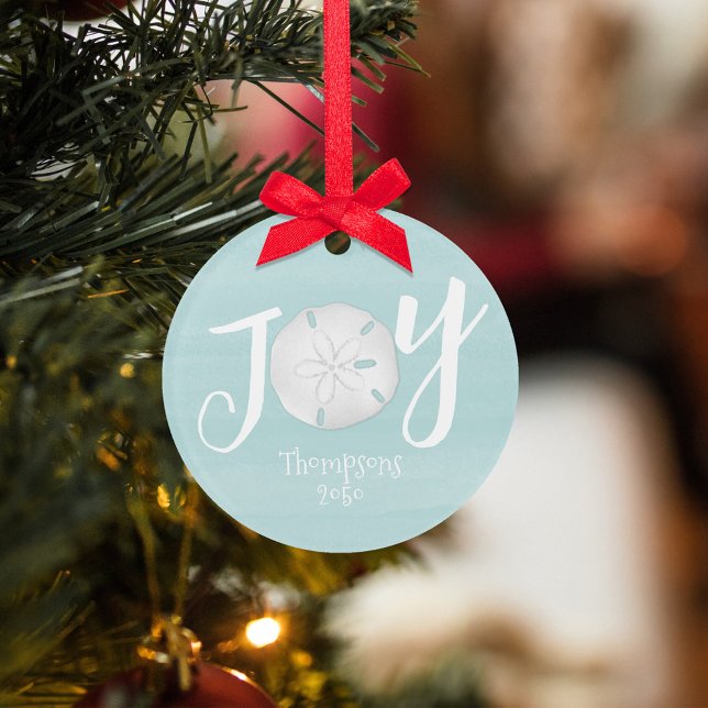 Adorno Navidades Holiday Elegant Beach Turquoise Costa (Simple JOY sand dollar turquoise blue Christmas Photo Ornament. )