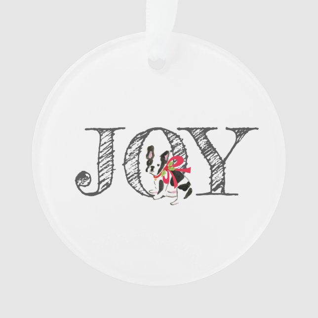 Adorno Navidades JOY Frenchie Dog Holly Bow Festive (Anverso)