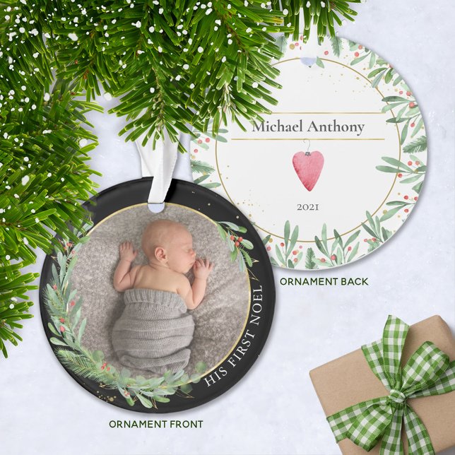 Adorno Navidades negros "First Noel" Greenery Baby Photo (Subido por el creador)
