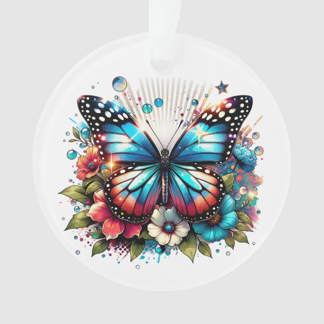 Adorno Navidades personalizados con mariposa azul y flore (Anverso)