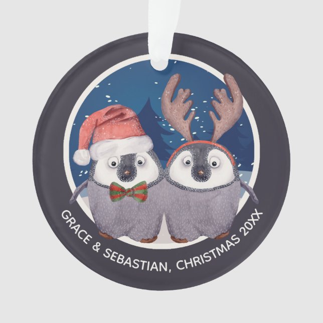 Adorno Navidades Pingüino Pareja Cute Santa y Reno (Anverso)