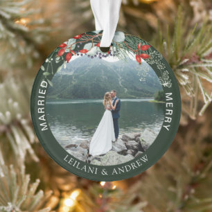 Adorno Navidades recién casados Foto Watercolor Holly Gre