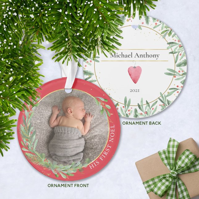 Adorno Navidades rojos "First Noel" Greenery Baby Photo (Subido por el creador)