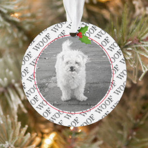 Adorno Navidades WOOF Paw Print Dog Name Photo Holly Fun
