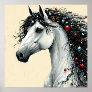 Adorno Navideño Caballo Blanco Crin Arte Invernal