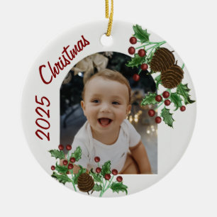 Adorno Navideño de Foto de Acebo y Piñas Dibujado 