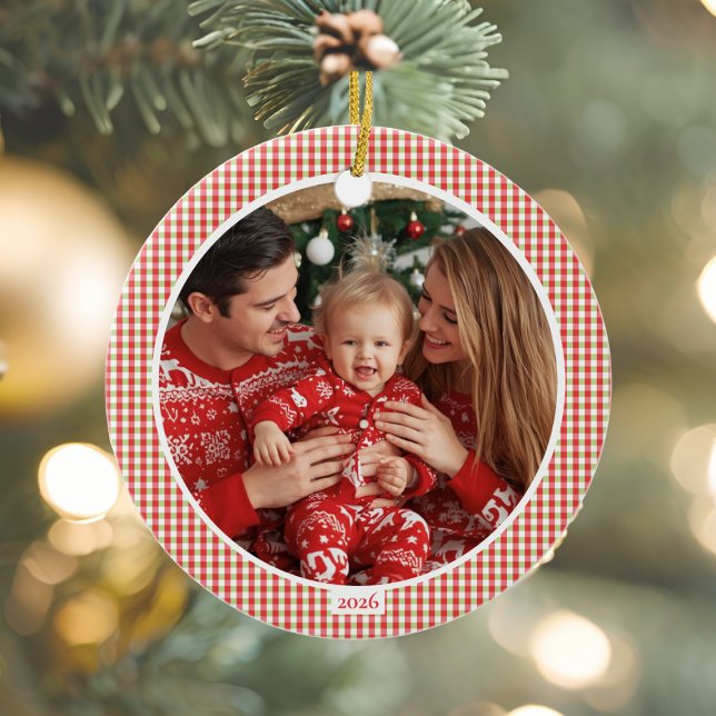 Adorno navideño de gingham acogedor con foto (Cozy Christmas Gingham Photo Ornament)