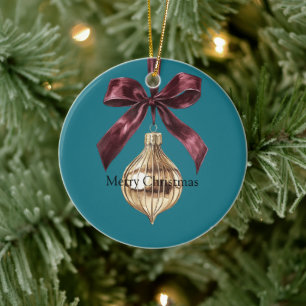 Adorno navideño de lazo verde azulado burgundy dor