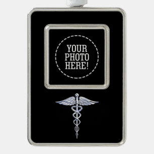 Adorno Navideño Símbolo médico del caduceo de plata en negro