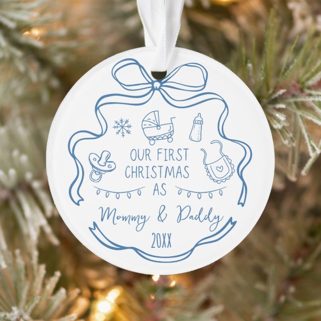 Adorno New Parents First Christmas Whimsical Blue Doodles (Árbol)