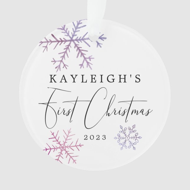 Adorno Niña bebé primera foto de Navidad rosada con copos (Anverso)