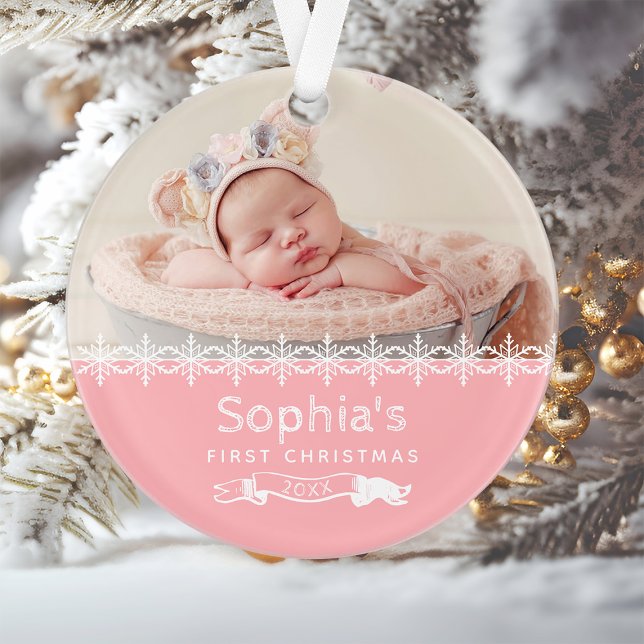 Adorno Niña bebé primera Navidad foto personalizada rosa (Subido por el creador)